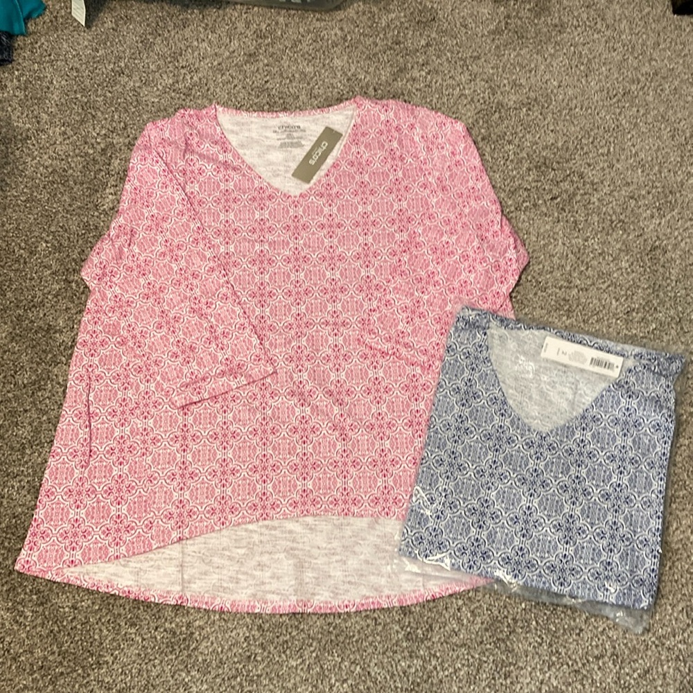 New Chico’s Pink and Blue Patterned V-Neck Tops, set of 2